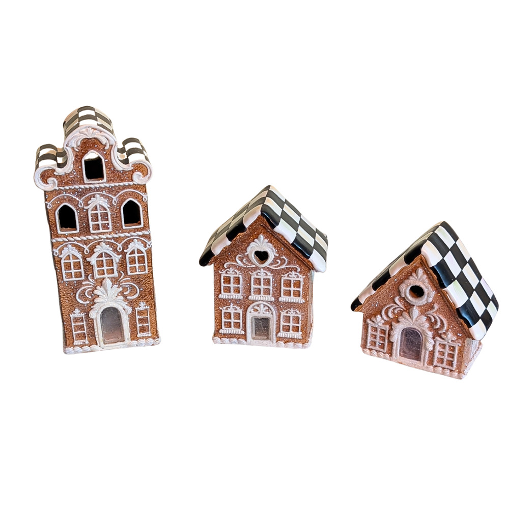 Mackenzie Childs Courtly Check Gingerbread Illuminated Houses Set of 3